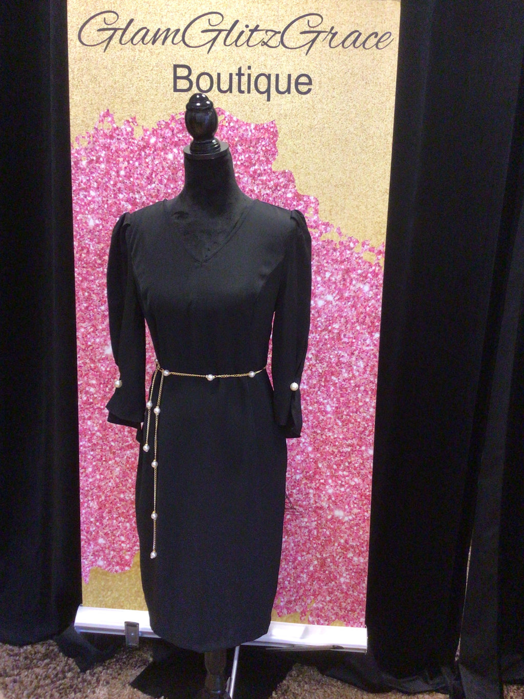 Black Polyester Midi Dress With Gold Pearl Chain Belt