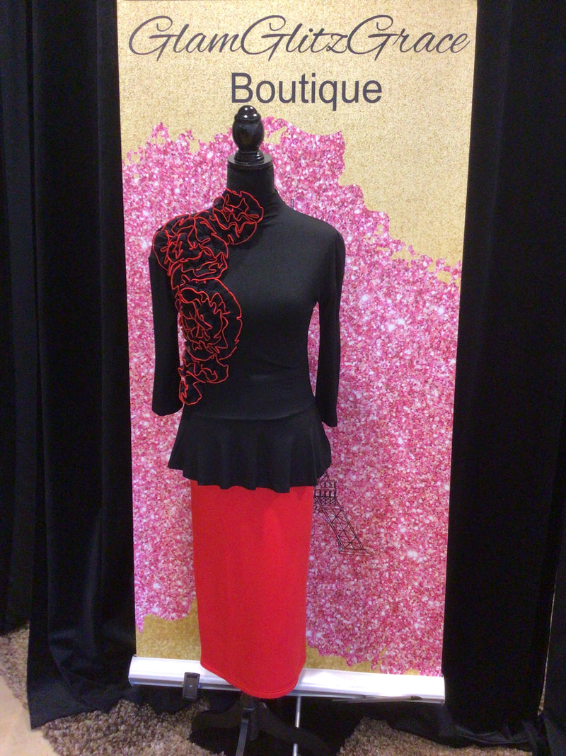 Turtleneck Peplum Style Red Large Rose Accent Back Zipper With Long Sleeves