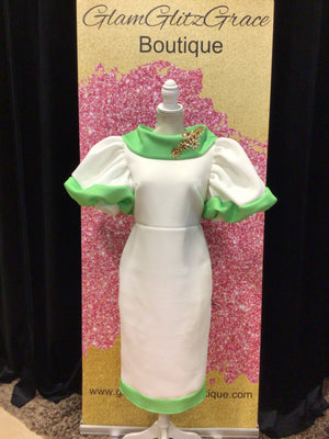 Scuba Dress With Brooch at Collar With Puffy Sleeves