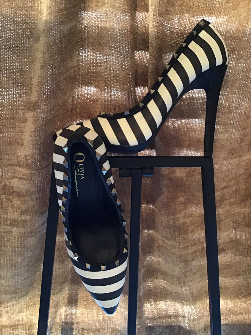 Glamour Striped studded black/white pointed toe stiletto heels - GlamGlitzGrace Boutique