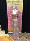Rose Gold Sequin Rhinestone Cowl Neck Line Fitted Evening Dress