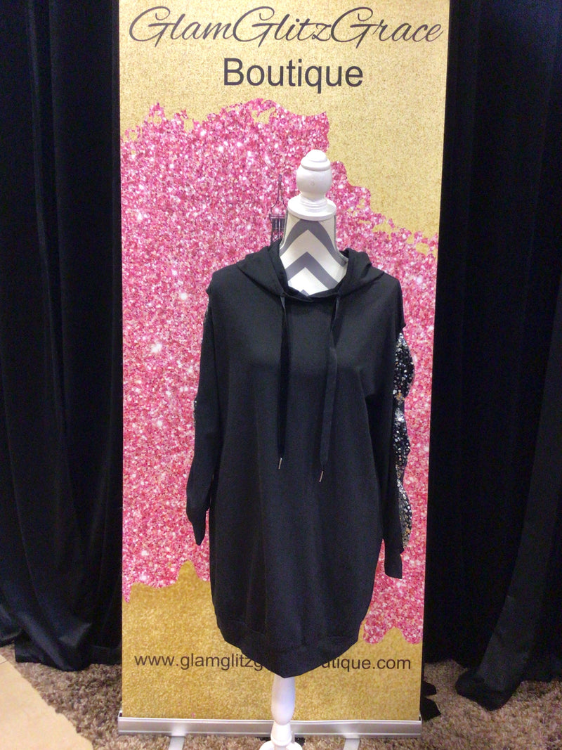 Black Hoodie Dress with Sequin Bow Cutout Sleeves