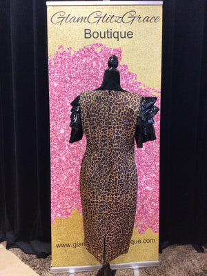 Plus Size Leopard Print Dress With Glossy Pleather Short Sleeves