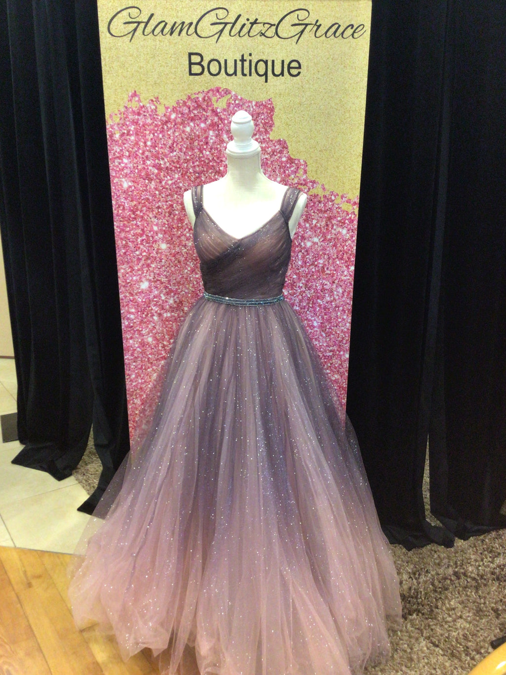 Purple and Pink Ombré V Neck Gown With Glitter