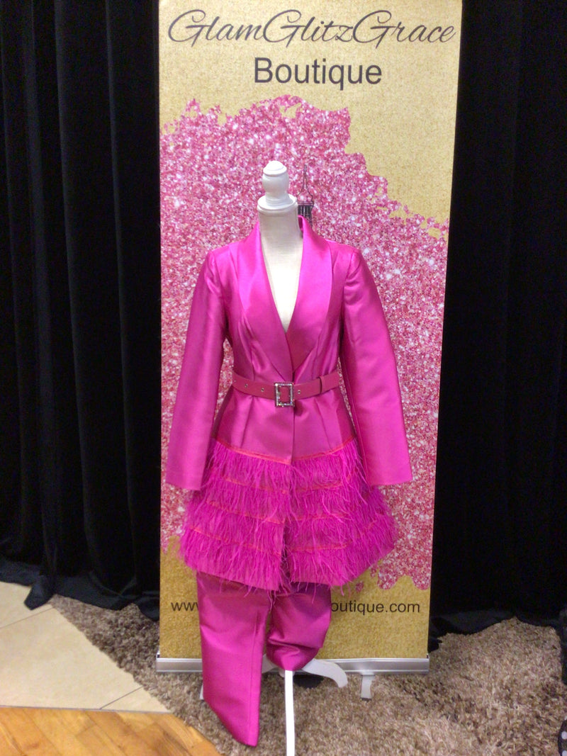 Two Piece Suit Set with Belt and Feathers on Blazer