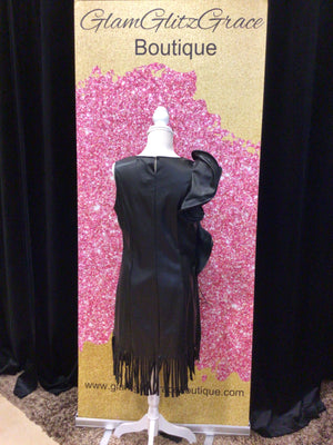 Black Faux Leather One Sleeve Asymmetrical Short Fringe Dress