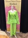 Lime Green With Bling Accents and Sheer Fishnet Sleeves Pant Set (Belt sold separate)