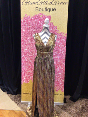 Mac Duggal Gold Multi-Colored V-Neck Long Gown With Slit