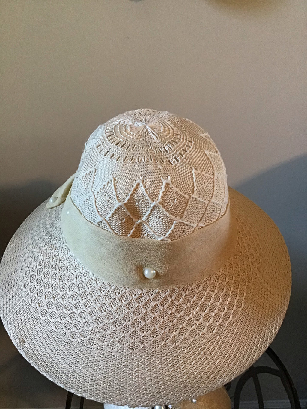Beige Hat w/banded bow and beaded accent - GlamGlitzGrace Boutique