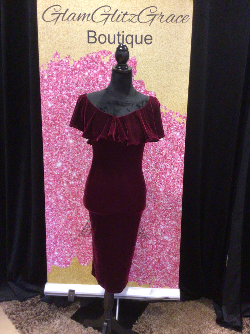 Burgundy Red Off The Shoulder Velvet Dress Pull Over Style With Small slit