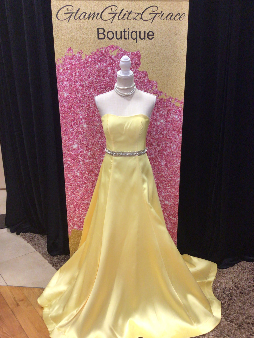 Yellow Strapless Rhinestone Pearl Waist Gown