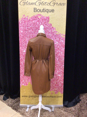 Brown Button Down Faux Leather Dress With Tie Waist