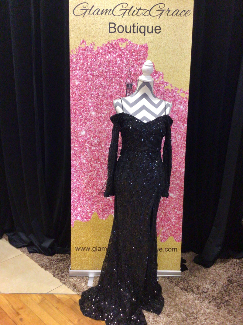 Black Off Shoulder Sequin Dress with Slit