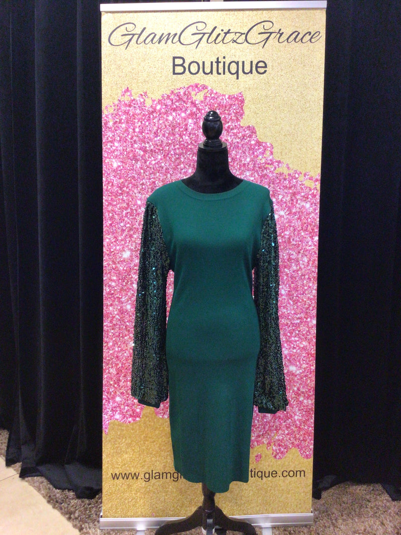 Plus Size Emerald Fitted Sweater Dress With Sequin Long Sleeves