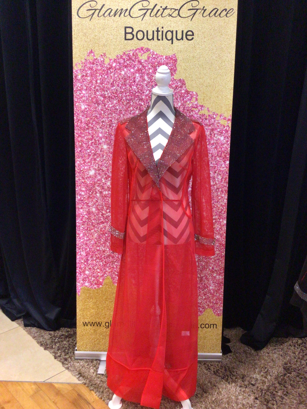 Red Sheer Long Duster With Sequins