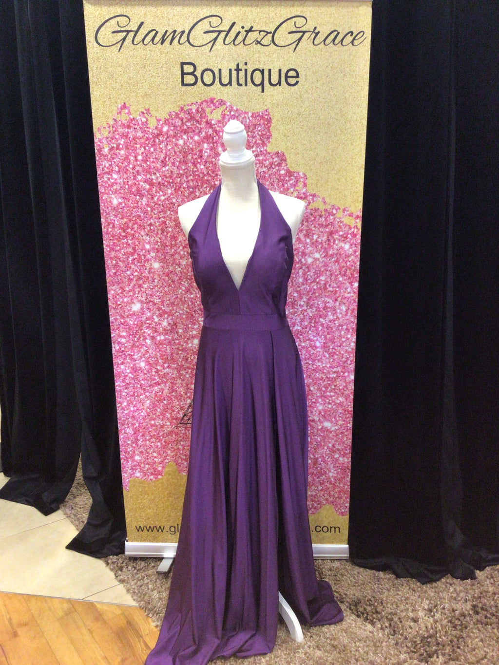Purple V Neck Halter Top Gown With Slit At Bottom