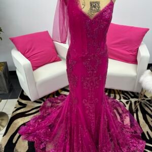 Ladivine Fuschia Sequin v neck line corset  mermaid Dress with scarf