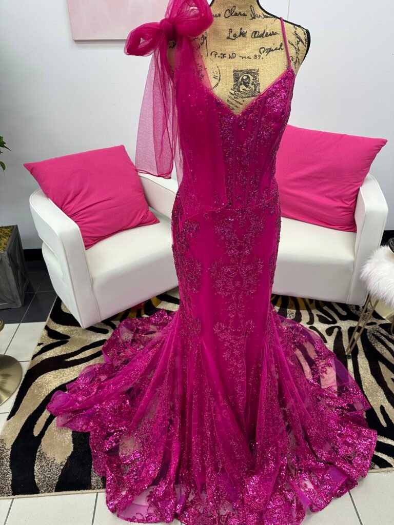 Ladivine Fuschia Sequin v neck line corset  mermaid Dress with scarf