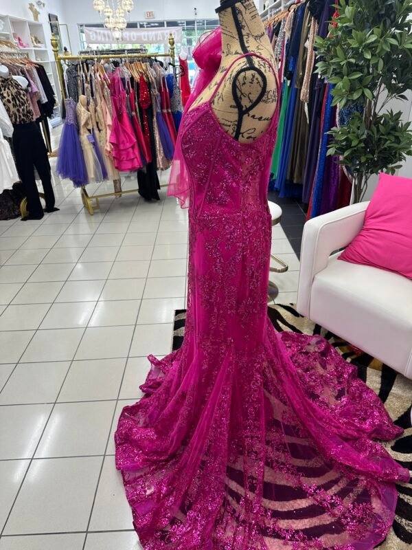 Ladivine Fuschia Sequin v neck line corset  mermaid Dress with scarf - Image 3