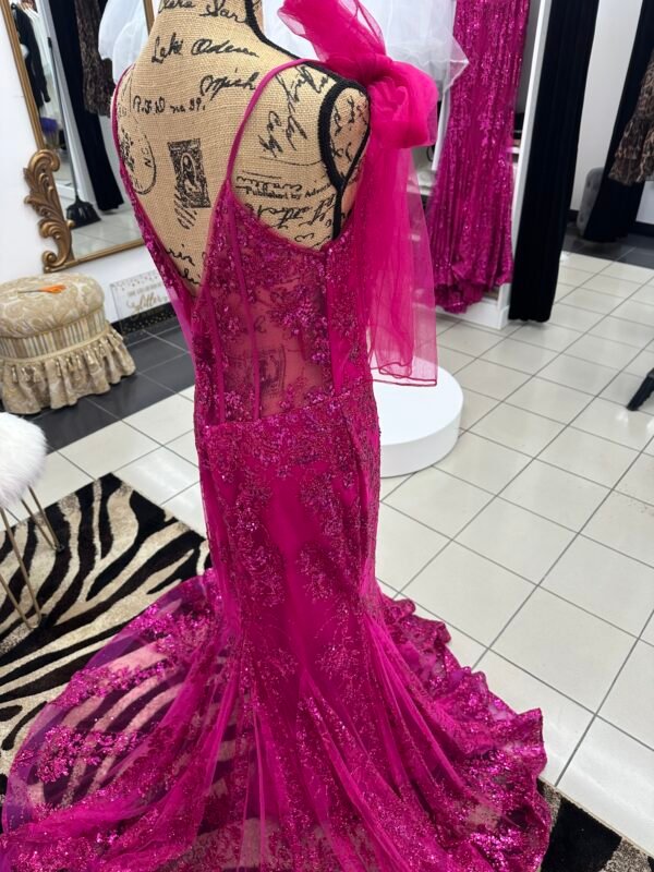 Ladivine Fuschia Sequin v neck line corset  mermaid Dress with scarf - Image 2