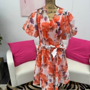 Floral orange v neck with tie slash 