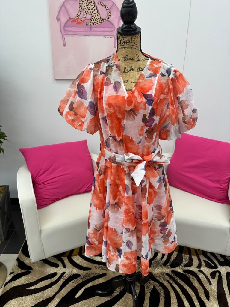 Floral orange v neck with tie slash 