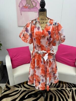 Floral orange v neck with tie slash 