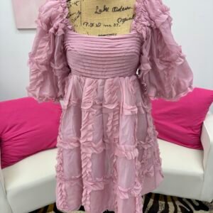 Mauve Pink detailing puffy sleeve squared neckline with tie Up in the back mini dress