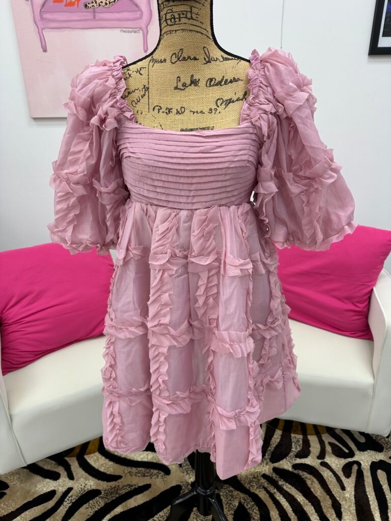 Mauve Pink detailing puffy sleeve squared neckline with tie Up in the back mini dress