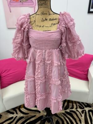 Mauve Pink detailing puffy sleeve squared neckline with tie Up in the back mini dress