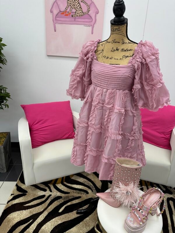 Mauve Pink detailing puffy sleeve squared neckline with tie Up in the back mini dress - Image 2