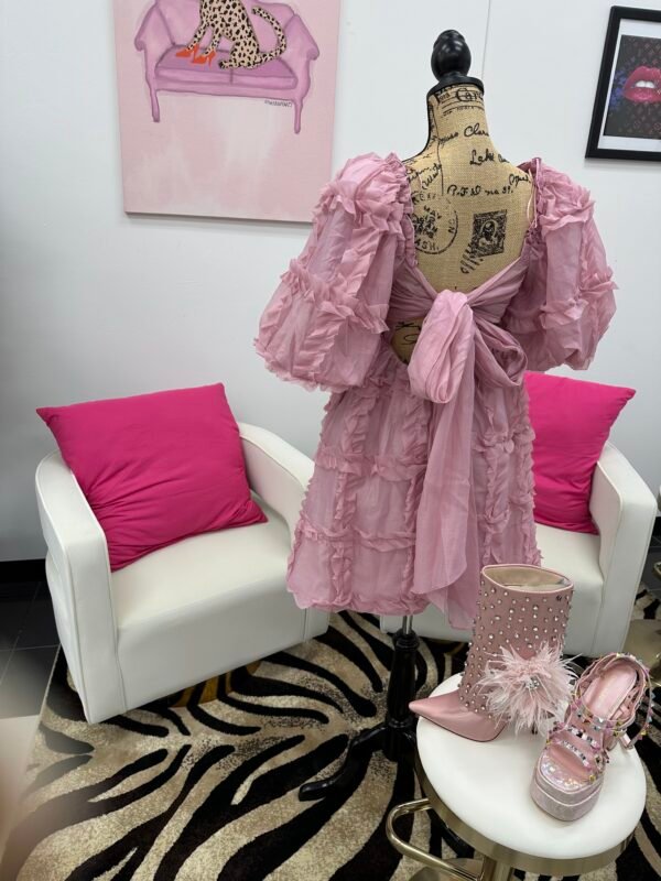 Mauve Pink detailing puffy sleeve squared neckline with tie Up in the back mini dress - Image 3
