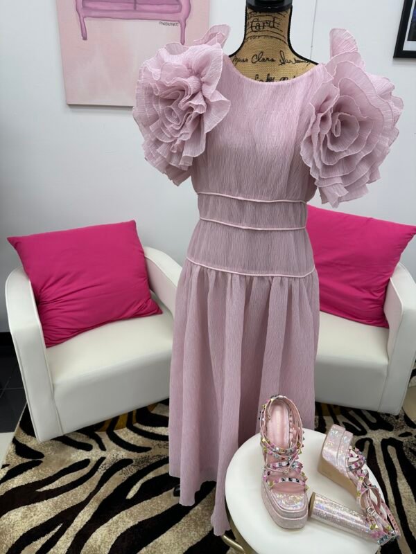 Dusty Rose Pink puffy sleeves midi dress; 100% polyester 