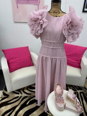 Dusty Rose Pink puffy sleeves midi dress; 100%Â polyesterÂ