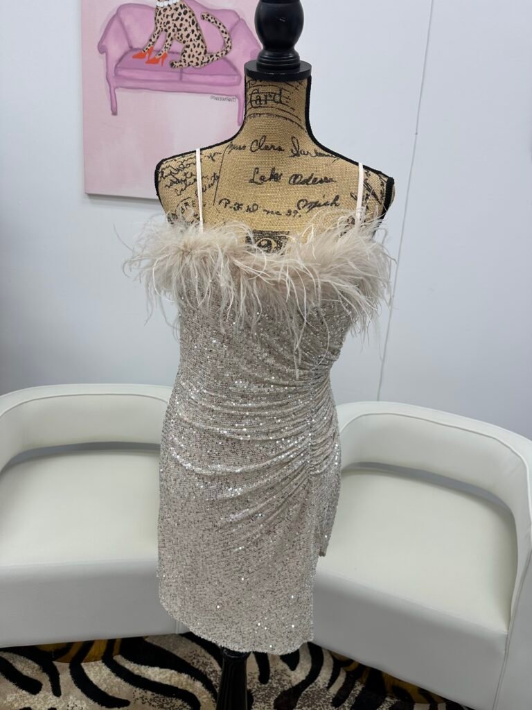 Sydney’s Closet Sequin Bodice Flowy Sheer Evening Dress