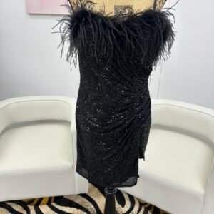 Ladivine Black sequin feathered spaghetti strap With side slit mini dress. 