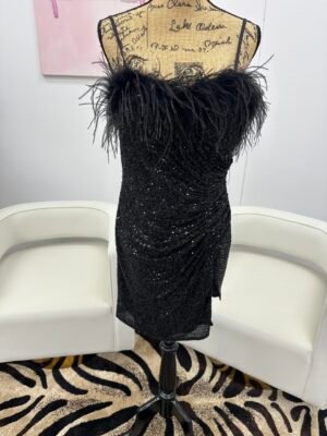 Ladivine Black sequin feathered spaghetti strap With side slit mini dress. 