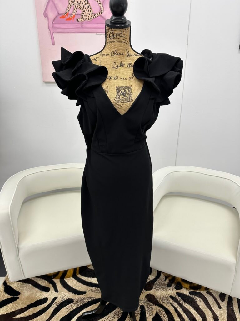 Black Ruffled Shoulder V Neck Maxie Dress