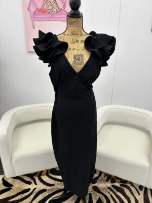 Black Ruffled Shoulder V Neck Maxie Dress